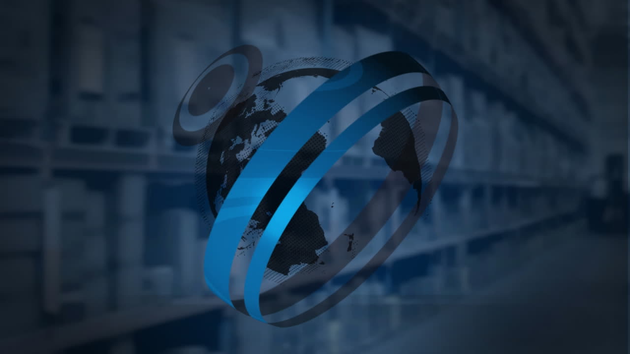 escáneres redondos y un globo girando contra el almacén en el fondo