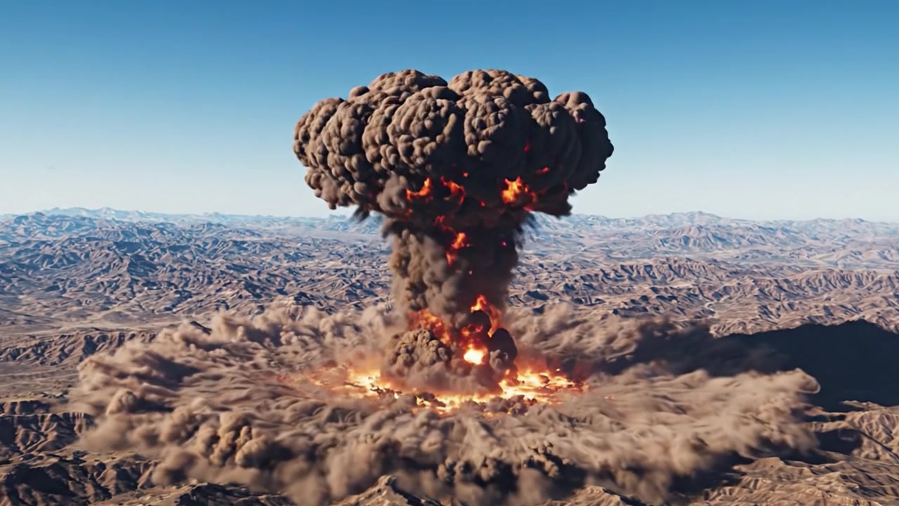 A Powerful Explosion Unleashing a Massive Cloud of Smoke and Debris Over Rugged Terrain, Captured in Two Dramatic Frames of a Catastrophic Event