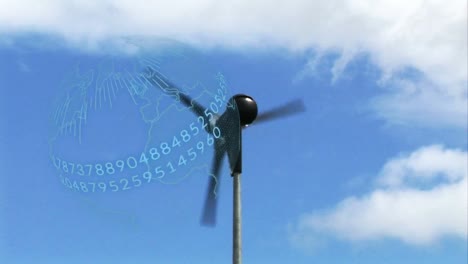 animation of globe with numbers over wind turbine in countryside