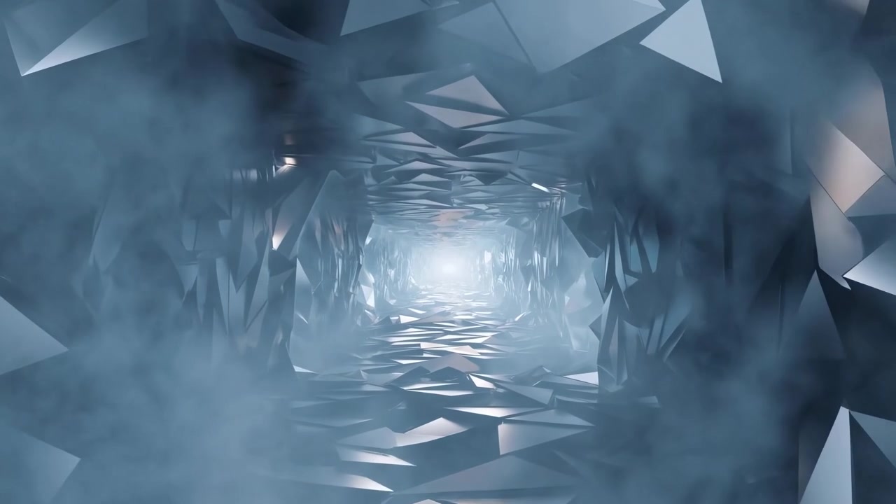Dark faceted tunnel interior with reflective angular surfaces surrounding a bright center point. The scene creates a strong sense of depth, symmetry, and forward motion with cool blue and silver highlights