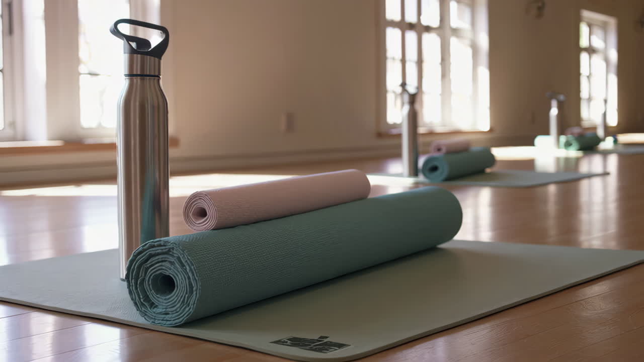 Yoga studio with mats and water bottles