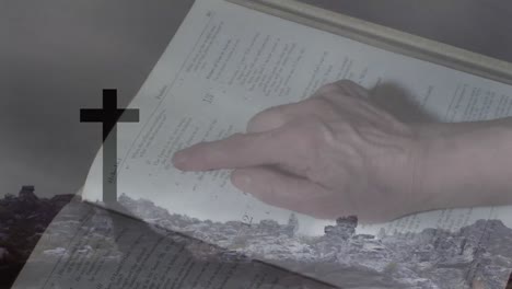 animación de una mujer caucásica leyendo la biblia sobre la cruz y las nubes