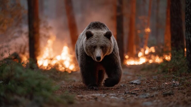 A Grizzly Bear Approaches Through a Fiery Forest Landscape: Witness the Urgent Struggle for Survival Amidst Wildfire Chaos