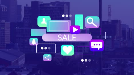 animación de texto de venta e iconos sobre el paisaje urbano