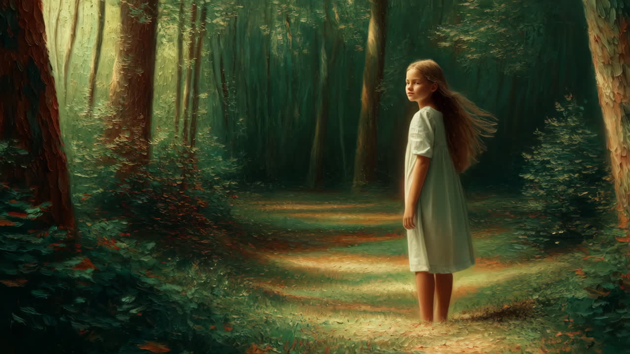 A young girl in a sunlit forest path