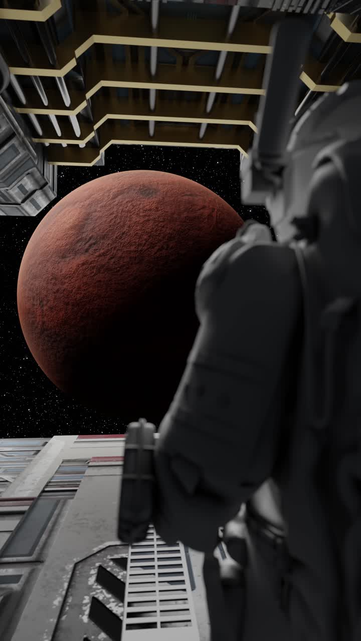 Astronaut observing mars from spaceship window