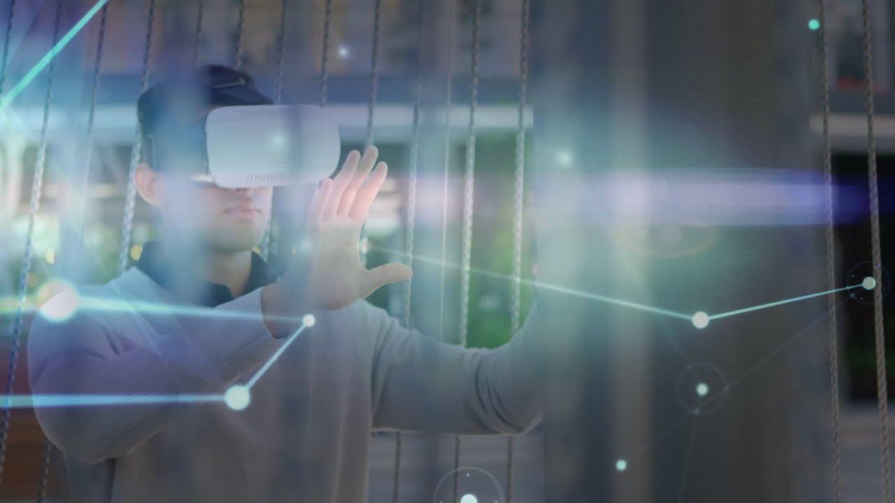 animación de la red de conexiones sobre el hombre de negocios que usa auriculares vr