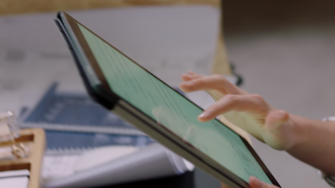 jóvenes mujeres de negocios arquitectos de lluvia de ideas trabajando juntos mostrando planes de arquitectura en la pantalla de tablets ingenieros compartiendo ideas de diseño para proyectos de desarrollo creativo de cerca manos