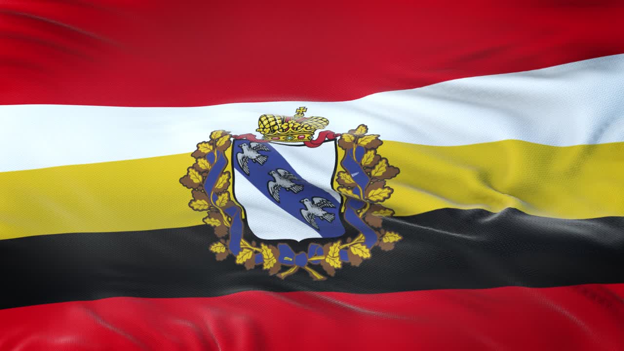 Kursk oblast (Federal subject of Russia) flag waving in the wind with highly detailed fabric texture. Seamless loop