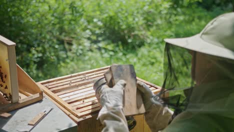 Imker-Sprüht-Rauch-Auf-Honigbienen-Auf-Brutrahmen-Im-Bienenhof