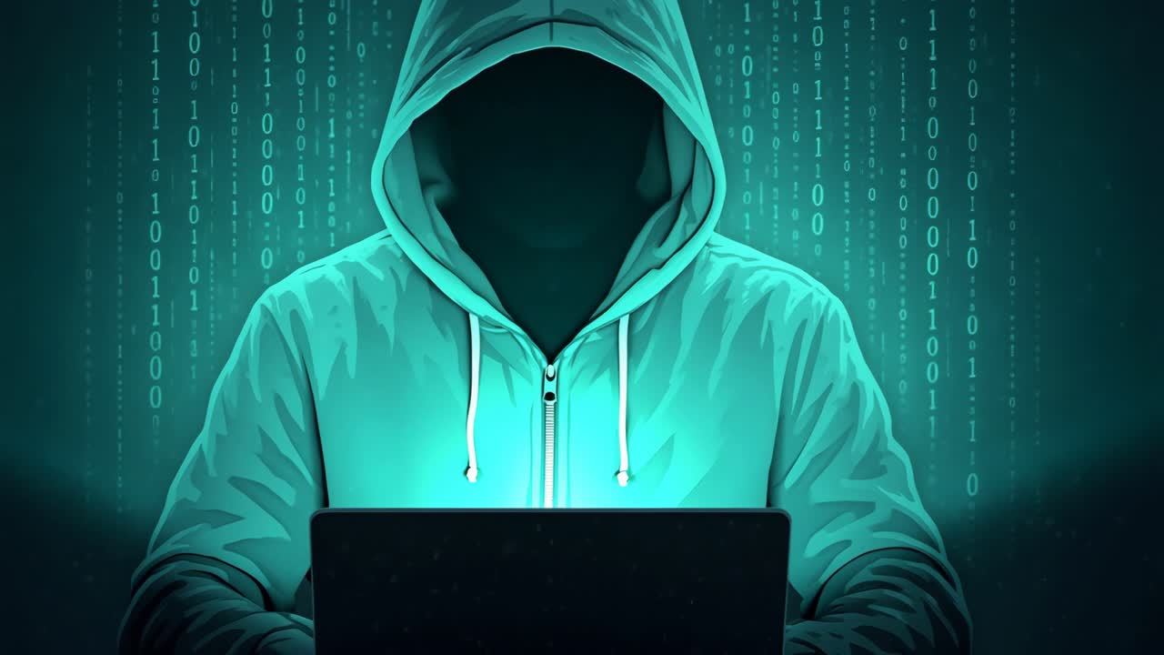 Mysterious hooded figure at a laptop, surrounded by binary code