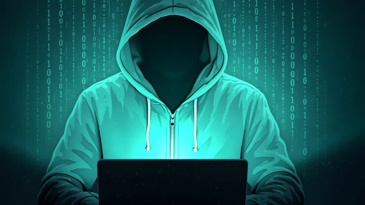 Figura misteriosa incappucciata davanti a un laptop, circondata da codice binario
