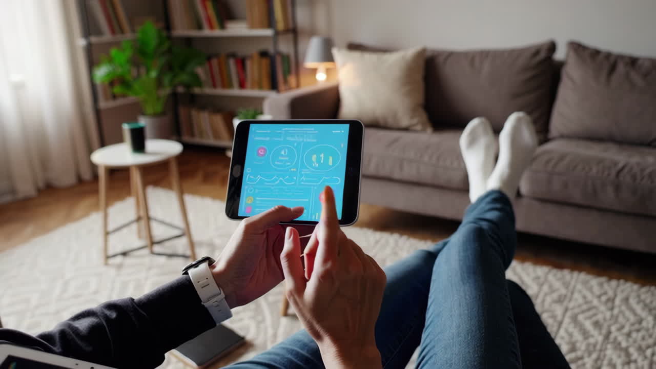 Person Relaxing at Home Using a Tablet for Smart Home Control