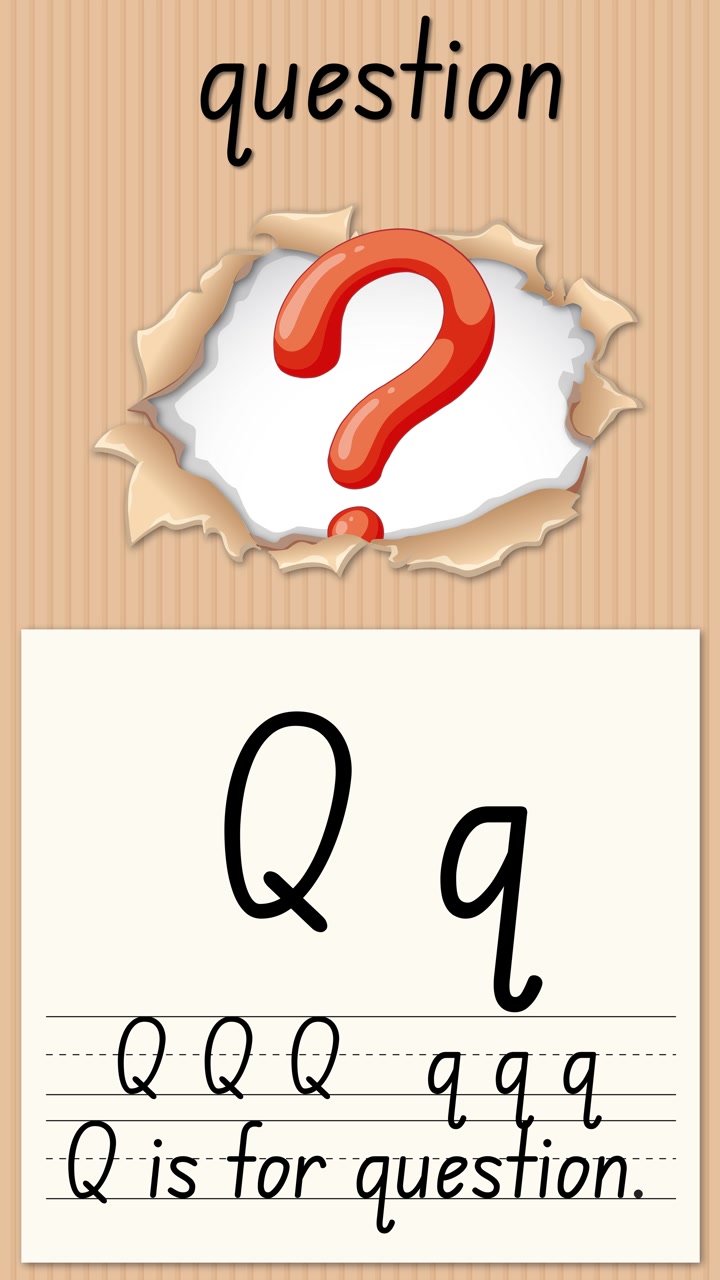 Animated educational video teaches the letter Q using a question mark and handwriting practice exercises