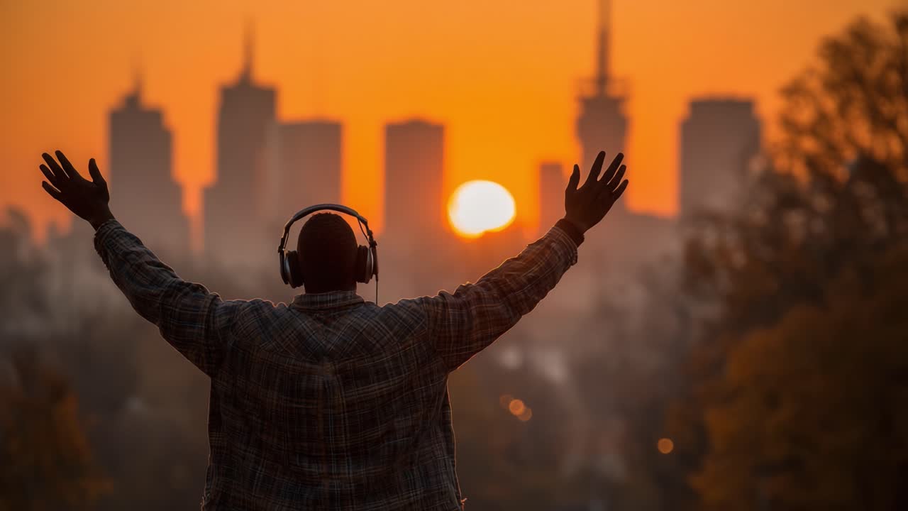 A Person Embracing the Sunset: Experiencing the Beauty of Dusk in an Urban Landscape Surrounded by Skyscrapers While Listening to Music
