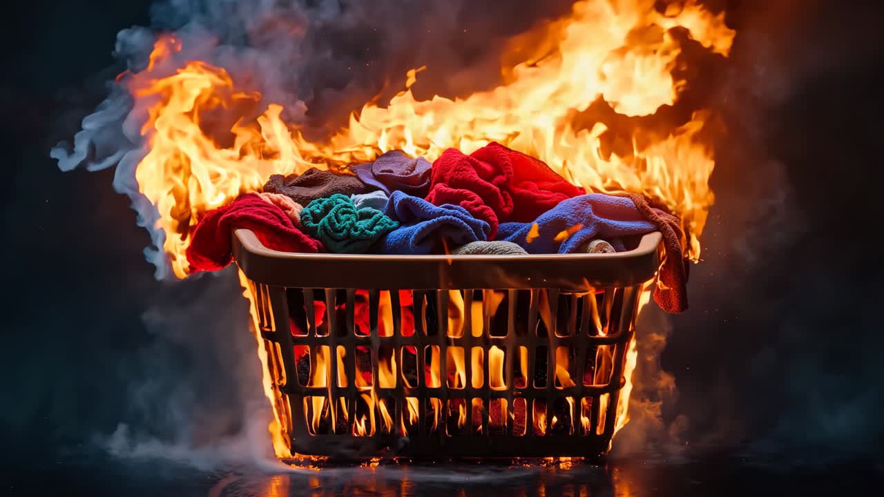 옷으로 가득 찬 바구니가 불타고 연기가 나옵니다.