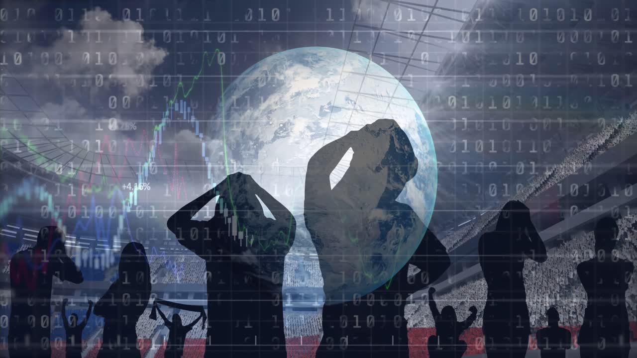 전 세계와 스타디움의 스포츠 팬들에 대한 그래프 및 데이터 처리 애니메이션