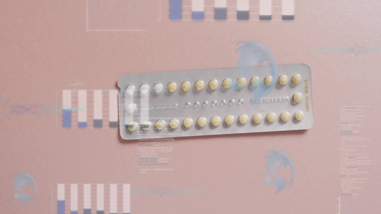 Animazione di diagrammi con globi e pillole sequenziali su sfondo rosa