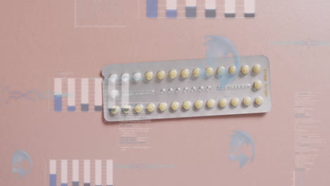 animation of diagrams with globes and sequential pills on pink background
