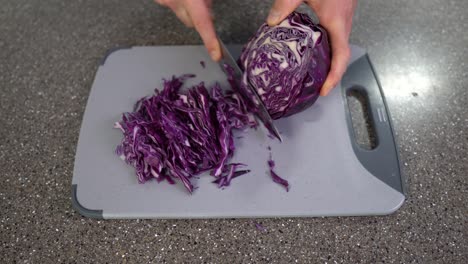 cropped view of a man slicing red cabbage in a kitchen