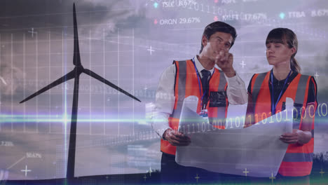 animation of wind turbine turning, engineers reading plans, data processing and stock exchange graph