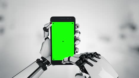 4k 3d animation of a robot hand paying a tap, pay, touching the display screen with a mobile phone. chroma key, green screen. modern smartphone mockup on grey white background. robotic android hands