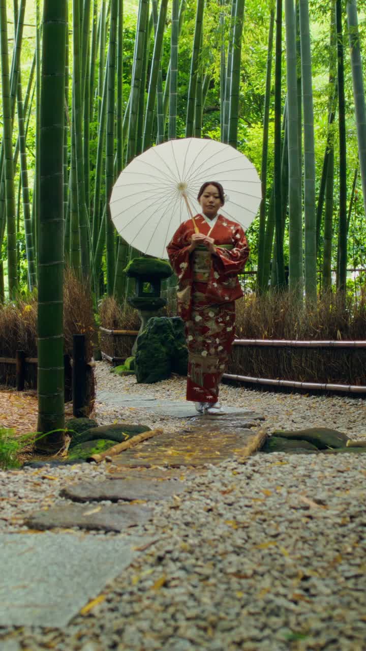 Woman in Kimono Walking Through a Bamboo Forest