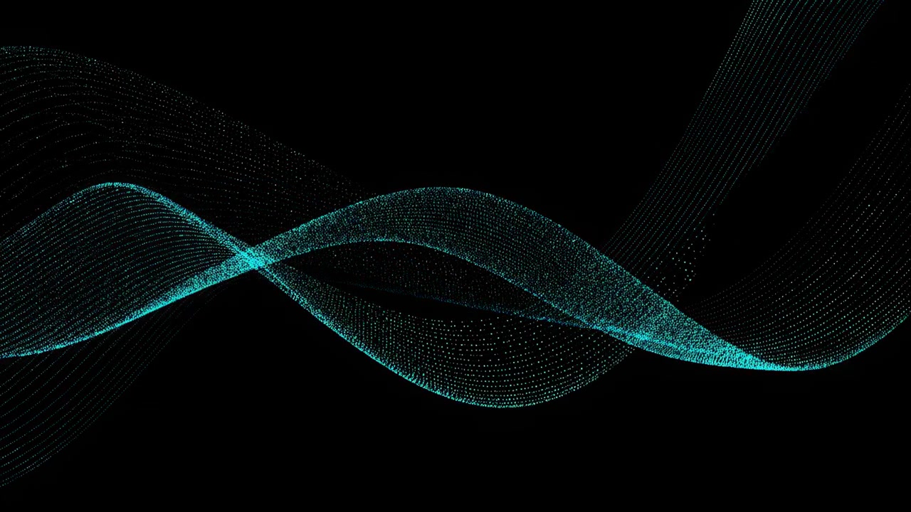 Overlapping cyan point cloud ribbons form semi transparent wave bands across deep black, crossing near center to create brighter highlights, layered depth, granular texture, and sleek digital rhythm
