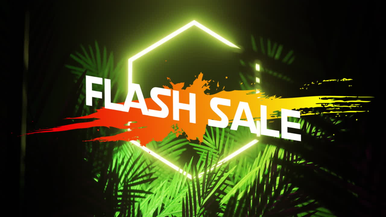 Animazione di testo "vendita flash" su un esagono su piantagione su sfondo nero.