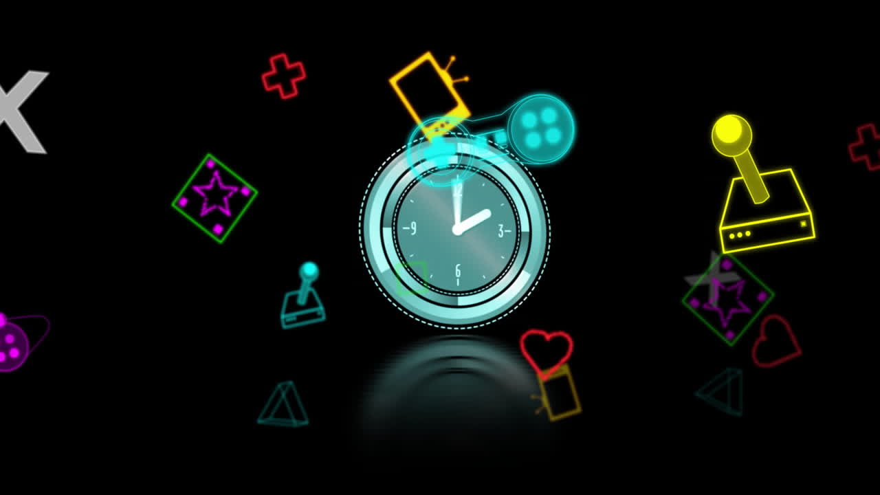 Animation of neon gaming icons over clock moving