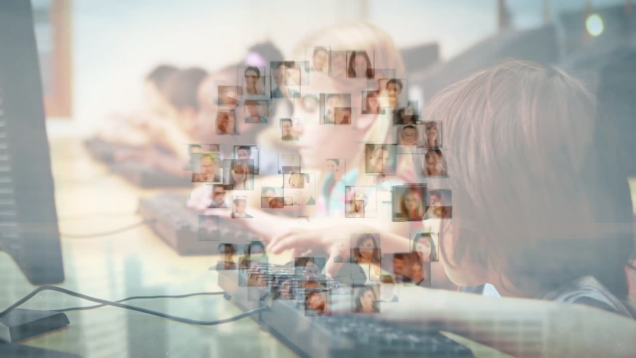 학교에서 컴퓨터를 사용하는 다양한 학교 아이들의 사진과 함께 지구상의 애니메이션