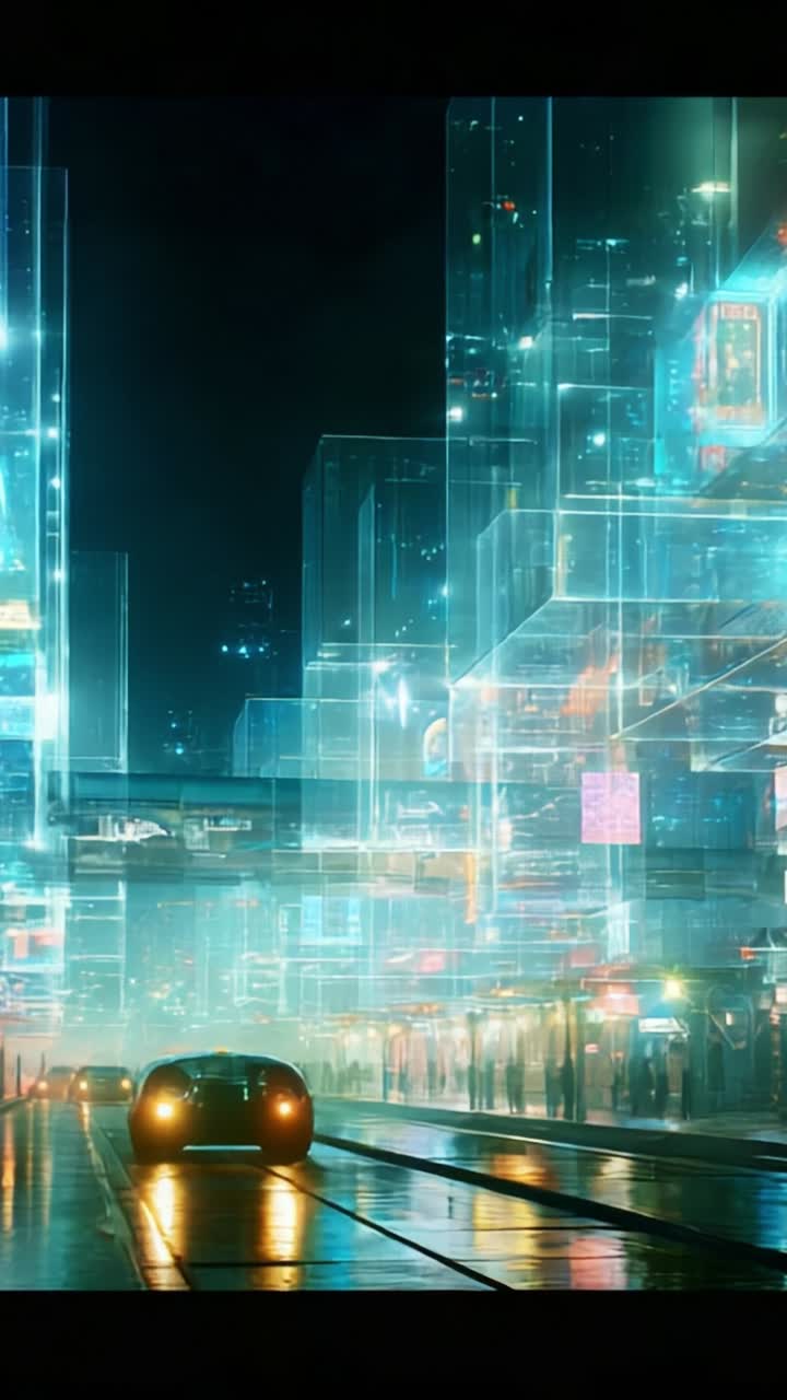 Futuristic Cityscape: Ethereal Urban Night with Neon Lights and Transparent Structures in a Dystopian Setting Featuring Cars and Illuminated Skyscrapers