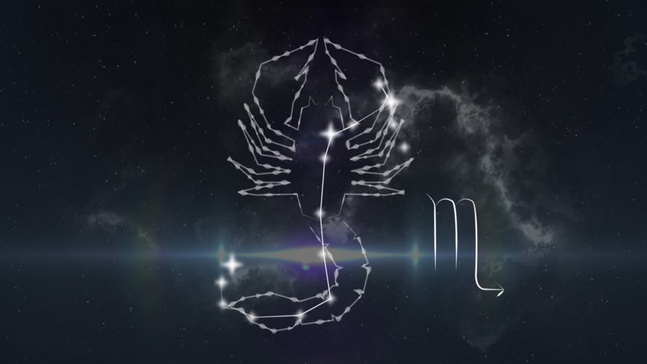 Animation des Sternzeichens Skorpion auf Rauchwolken im Hintergrund