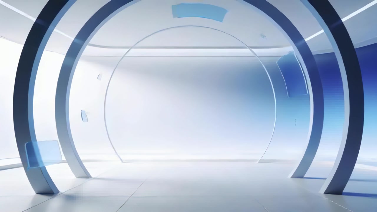 Rammer, der bevæger sig og animerer en buet portal, der skifter i et studie, med skydepaneler på buer og en glødende ring.