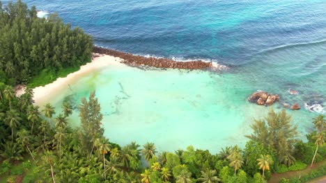 drone footage of white sandy beach, passing white bird, trees near the beach, turquoise water and granite stones, mahe, seychelles 60fps