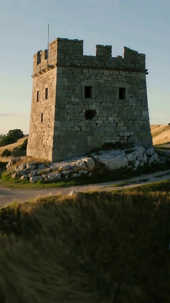 Video verticale: Inizio movimento della telecamera, la telecamera si avvicina a una torre di pietra sulla brughiera, rivelando un sentiero sterrato.