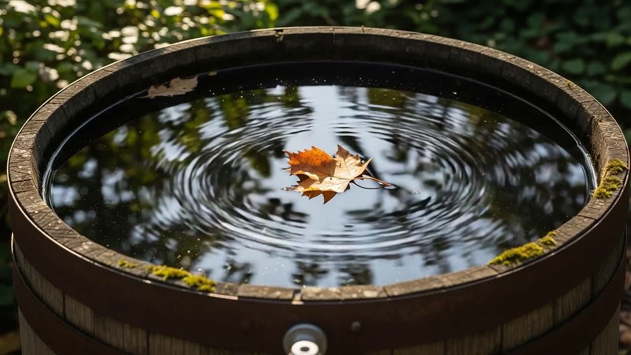 A Serene Reflection of Nature: A Leaf Gently Floating on Still Water Surrounded by Lush Greenery and Charming Outdoor Ambiance