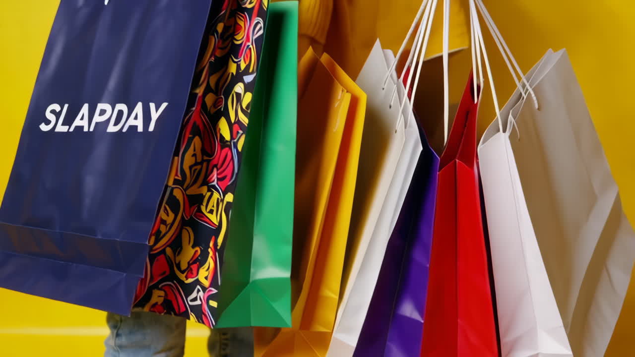 Person holding multiple colorful shopping bags