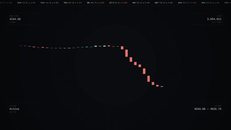 Red candlesticks fall sharply as a trading ticker scrolls above a dark financial crash dashboard, volatile market motion, seamless loop