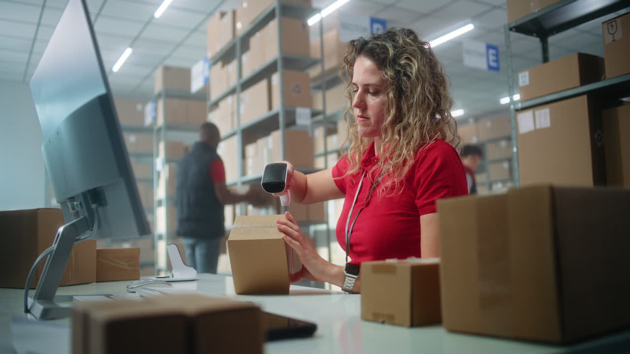 Warehouse worker processing orders on a computer