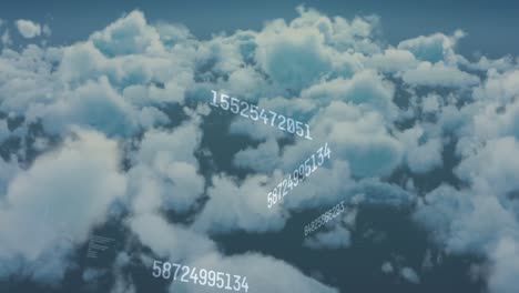 animation of multiple changing numbers floating over clouds in the sky