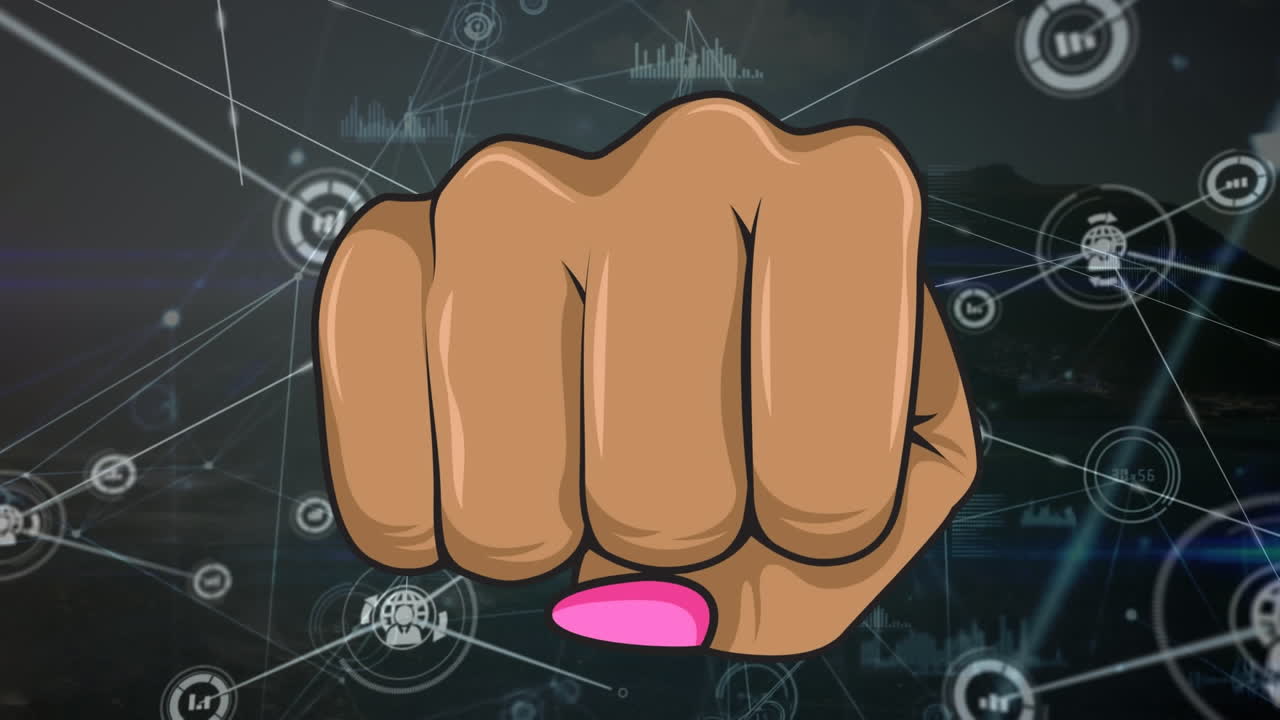 검은색 배경에 연결 네트워크와 함께 데이터 처리를 통해 주먹 아이콘의 애니메이션.