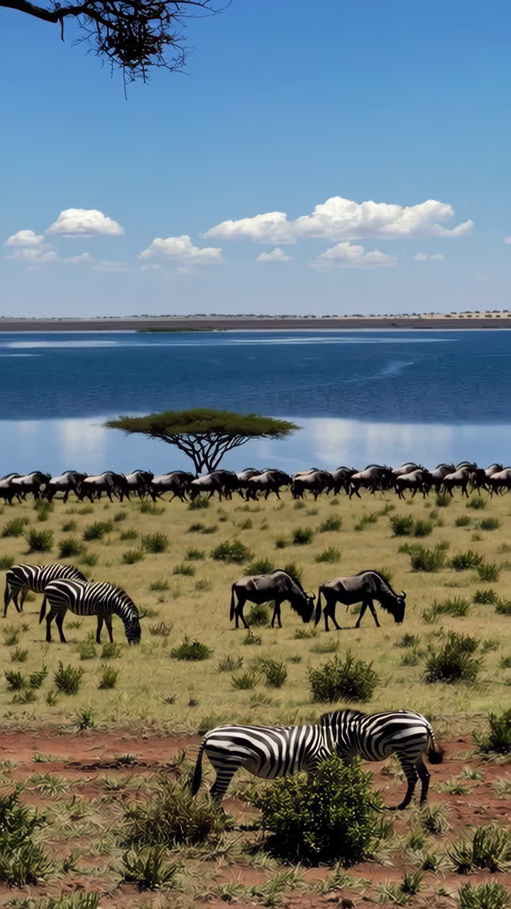 Fauna selvatica nella savana africana: zebre e gnu vicino al lago