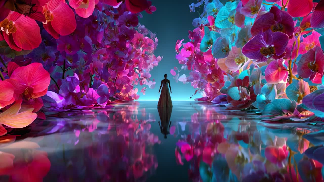 Elegant Woman Amidst a Vibrant Orchid Garden