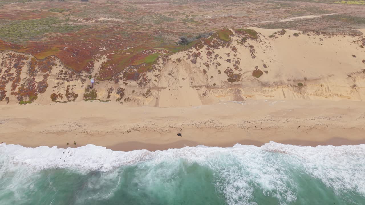Static aerial view of Fort Ord Dunes with waves crashing on the beach and colorful coastal vegetation in Marina, California