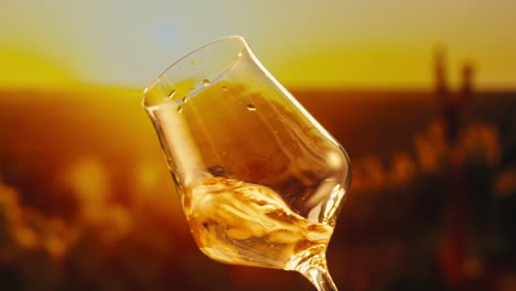 orange or white wine bottle and glass against a sunset in a peaceful vineyard, pouring of ecological natural wine.