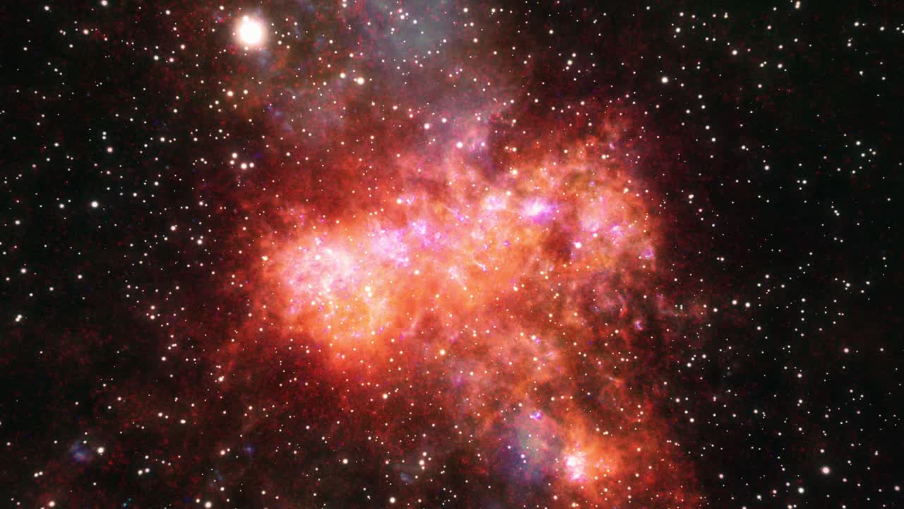 космическое исследование светящегося розово-фиолетово-оранжевого таинственного туманного облака в глубоком космосе. 4k 3d бесперебойный цикл научно-фантастический космический полет для светящейся энергии газового пыльного облака туманности.