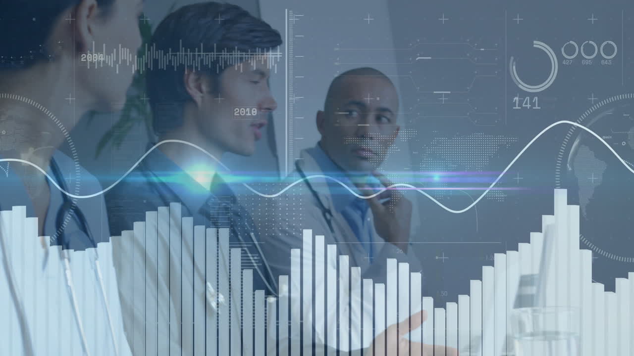 Three doctors discussing medical trends in meeting room, overlaying animated charts and gauges