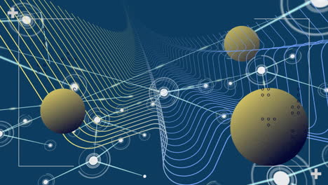 Animation-of-network-of-connections-with-spots-and-yellow-balls-over-blue-background