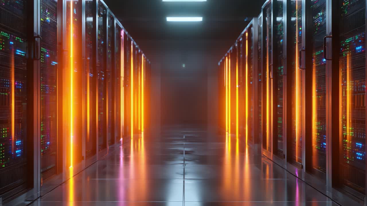 Et højteknologisk datacenter med oplyste serverracks og reflekterende gulve, der fremviser avanceret IT-infrastruktur i et moderne computer miljø.